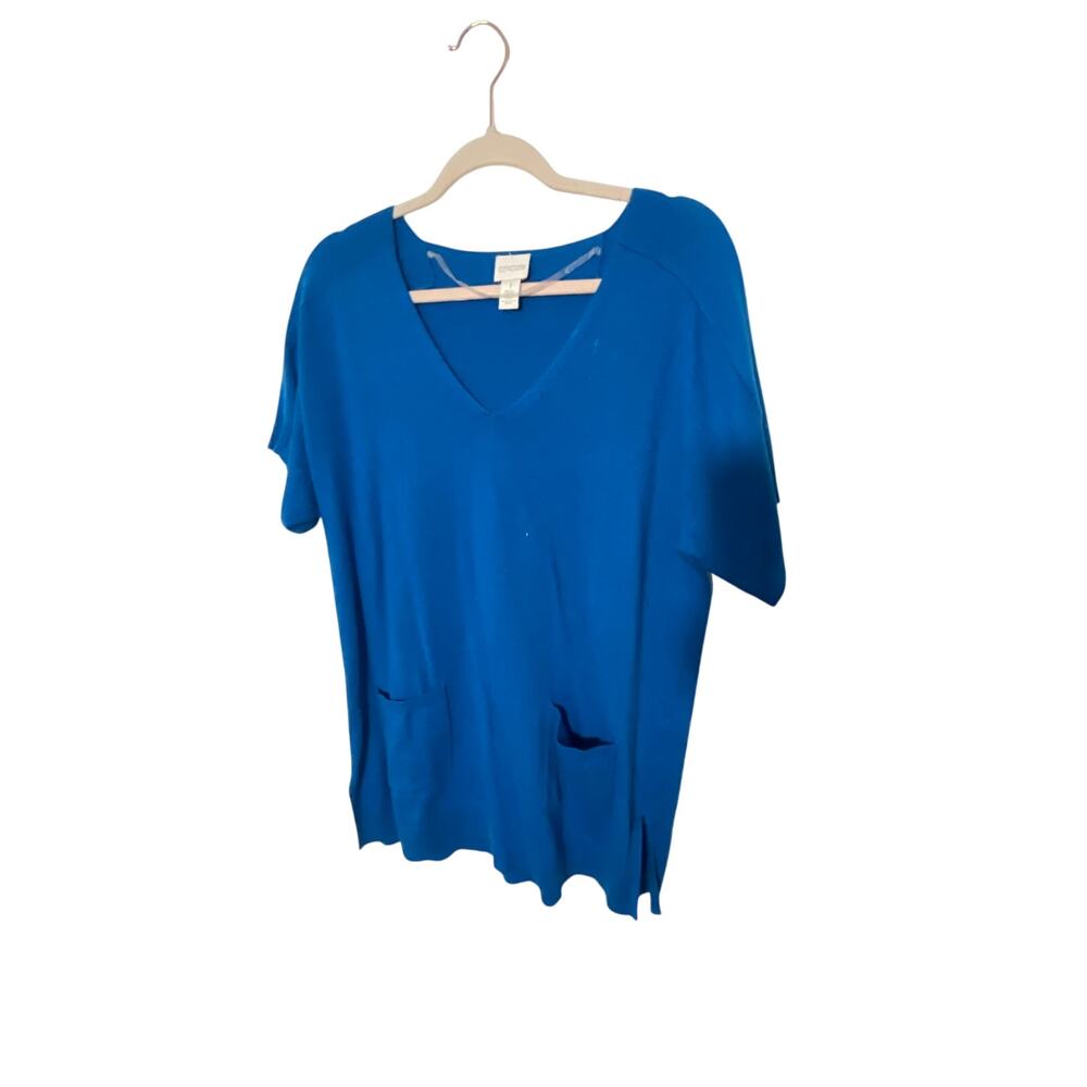 Chicos 1 Medium Sailor Chic Cotton Blue Lagenlook SS Front Pocket Blouse